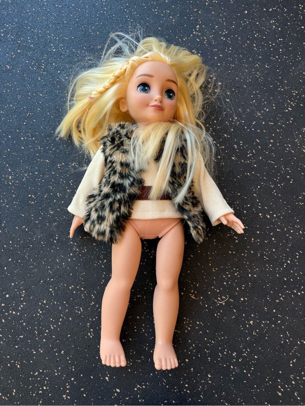 Disney Blonde Doll in Cream Sweater and Leopard Faux Fur Vest